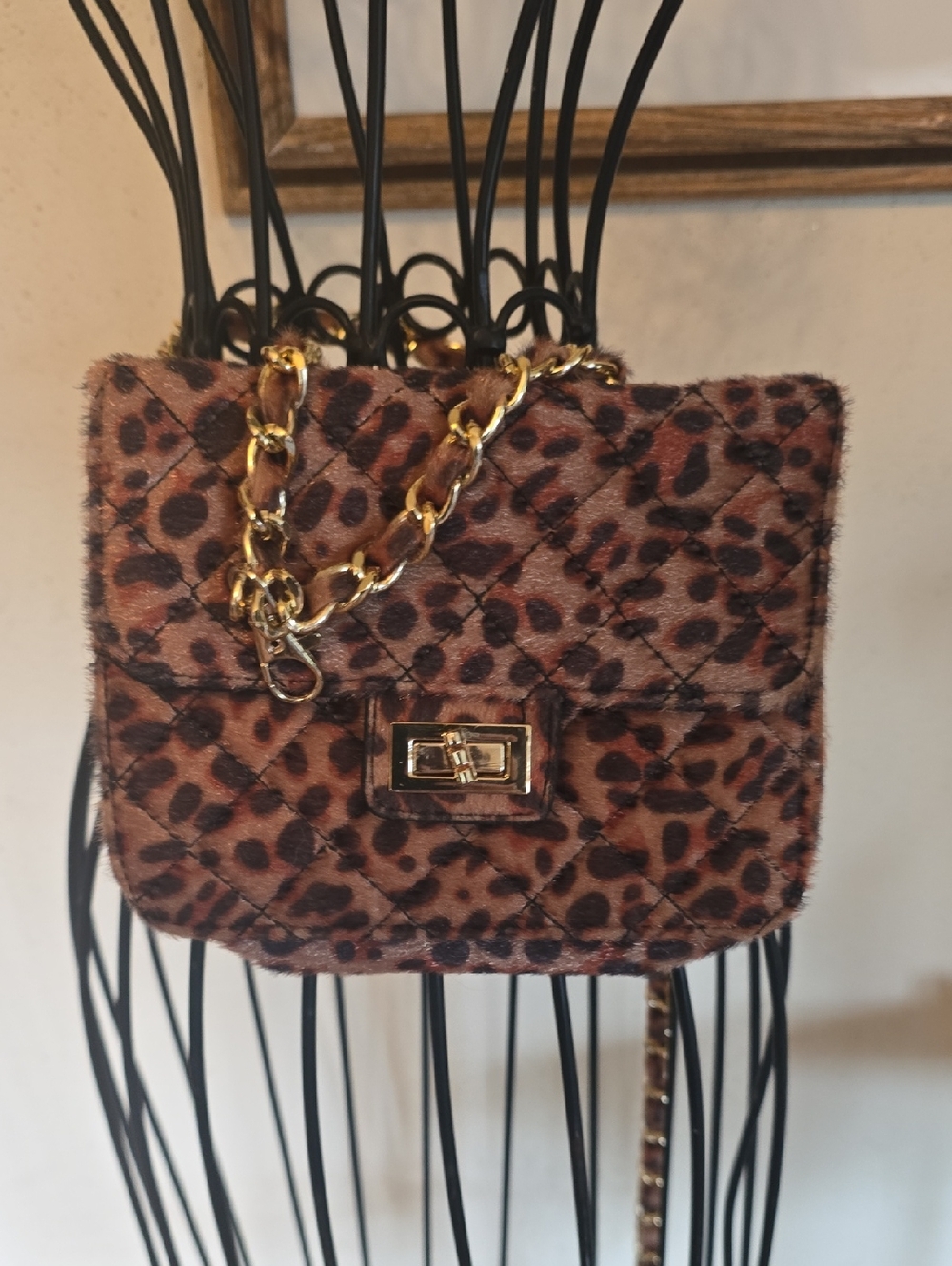 Leopard Quilted Belt Bag Or Wristlet Bag with Gold Chain - Brown
